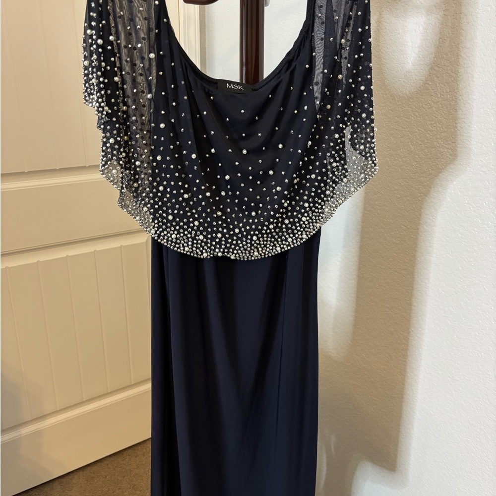 MSK Blue Embellished Sleeveless Gown with Cowl Neck